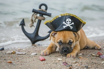 pup in pirate hat with anchor on shore