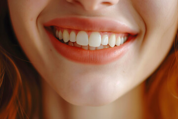 Fototapeta premium Beautiful cute smile with very clean perfect teeth. Chin, nose and mouth visible. Dental service advertisement