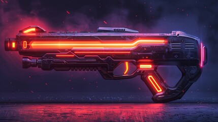 Illuminate the sleek contours of the cyberpunk rifle gun with neon lights, embodying futuristic technology in its modern design. - obrazy, fototapety, plakaty