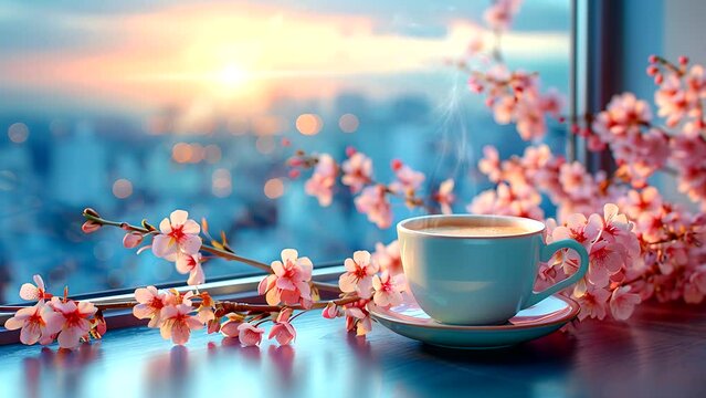 cup of coffee at the window with a spring cherry blossom cityscape of yokohama. Seamless looping 4k time-lapse video animation background 