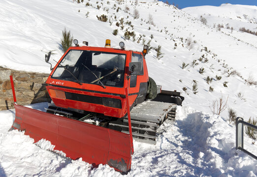 view of snow groomers from italian company Prinoth in mountain San Bartolomeo val Cavargna, Italy on January 10, 2021