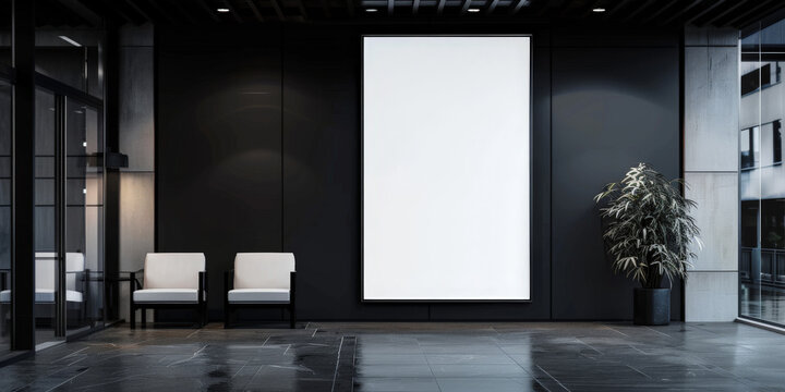 White blank poster mockup in the entrance of a modern building,  for advertising, mockup presentations, announcements, promotions, and digital marketing.