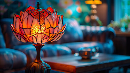 Fototapeta na wymiar A stained-glass table lamp illuminated