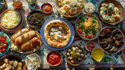 A spread of various Middle Eastern dishes - obrazy, fototapety, plakaty