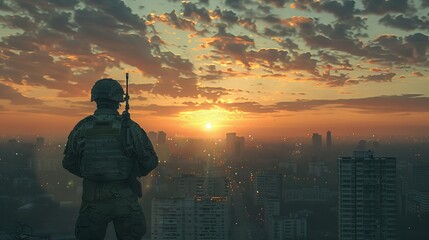 Veteran Vigilance a seasoned soldier standing guard over a peaceful city symbolizing security and steadfastness