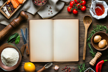 Rustic blank cookbook for recipes with white pages and items of vegetables, ingredients and wooden kitchen utensils on the table, top down view
