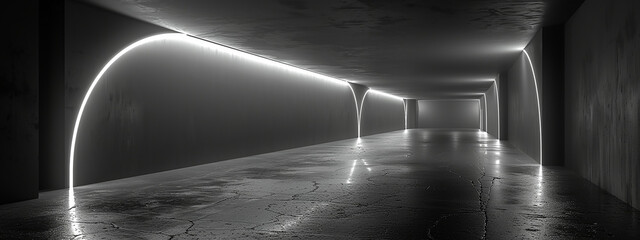 3D neon background studio futuristic corridor modern interior 3D Background tunnel light - obrazy, fototapety, plakaty