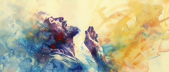 Artistic watercolor render of a man with arms uplifting towards the sky, signifying hope or surrender