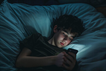 Sleepy exhausted boy, lying in bed, using a smartphone, Insomnia, and addicted to smartphone. Sad bored in bed scrolling through social networks at night in the dark