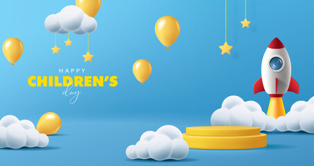 Children's day banner for product demonstration.  Yellow pedestal or podium with rocket and balloons on blue background.