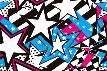 A collage of stars and stripes in a trendy black and white pop art style.