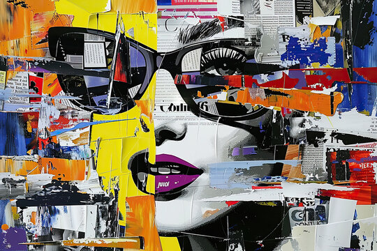 A painting depicting a womans face wearing glasses in an abstract, collage-style illustration.