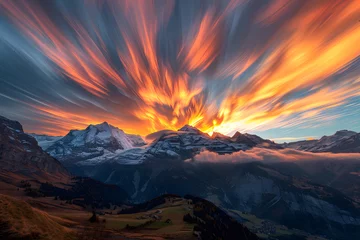 Foto op Plexiglas Magisches Alpenglühen: Langzeitbelichtung eines Sonnenuntergangs bzw. Sonnenaufgangs in den Alpen / Bergen © Seegraphie