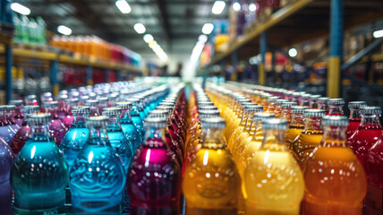 Colorful beverage bottles on a supermarket shelf. - obrazy, fototapety, plakaty