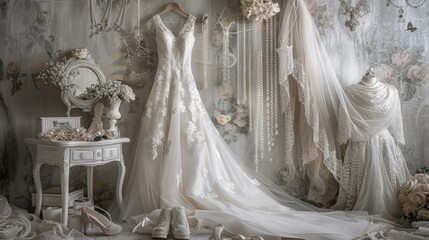 Wedding dress hangs in the bridal room surrounded by wedding accessories, shoes, jewelry and a veil