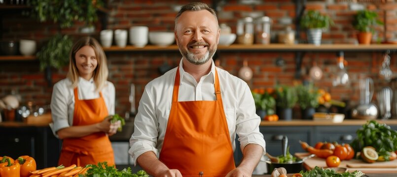 Elderly couple joyfully prepares colorful salad, man in vibrant jacket adds adventurous spirit
