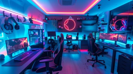 eSports room with neon lighting, showcasing a professional setup with high-end gaming equipment