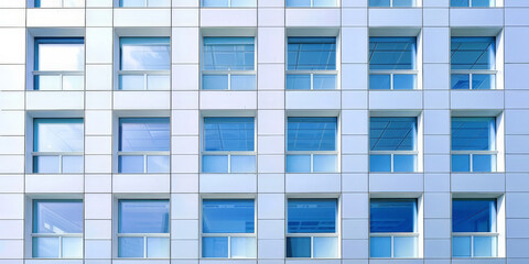 A closeup of exterior wall texture, showcasing rectangular windows on an office building on blue sky background,Steel Geometric square block Wall  in Modern Architecture