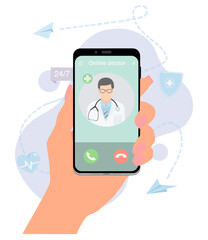 Online doctor concept. medicine mobile phone app. doctor consultant call on phone screen. telemedicine vector illustration, insurance 