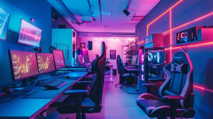 eSports room with neon lighting, showcasing a professional setup with high-end gaming equipment