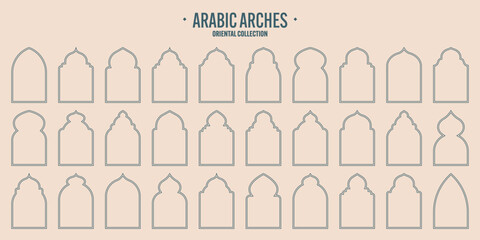 Islamic frames, oriental style objects. Arabic shapes, windows and arches. Traditional ornamental banner, frame. Muslim holidays, Ramadan Kareem. Modern eastern architecture. Vector illustration