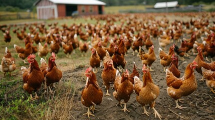 Large flock of chickens on a farm pecking the ground and moving freely