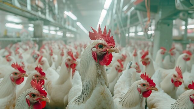 Chickens in a commercial poultry farm housed in large enclosed areas