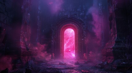 Nether realm gateway opening eerie glow central focus foreboding atmosphere