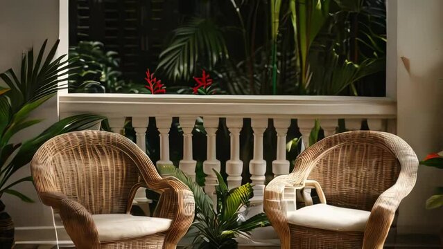 Two wicker chairs on the balcony of the house with plants.