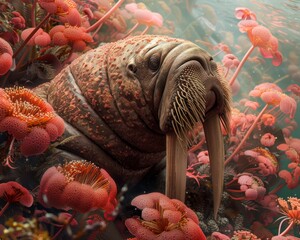 Walrus and Sea Anemone an unlikely companionship illustrating the diverse connections within the tapestry of life - obrazy, fototapety, plakaty