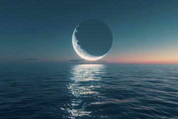 Obraz premium Waning crescent moon over a calm sea late night low angle tranquil blue tones
