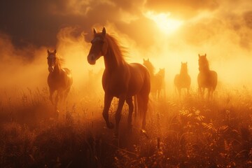 Trample of wild horses through a misty valley sunrise wide angle dynamic motion