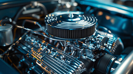 A detailed car engine image. - obrazy, fototapety, plakaty