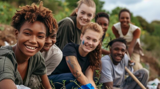 A group of young and diverse volunteers smile and laugh while cleaning up trash on the streets