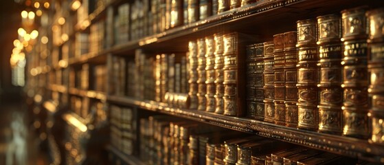 Array of ancient manuscripts in a library warm light eye level deep focus