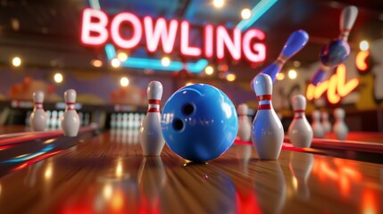 Dynamic 3D rendering of a blue bowling ball crashing into a set of bowling pins