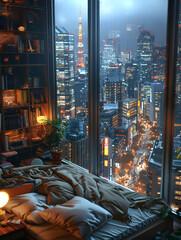 Fototapeta na wymiar beautiful cozy bedroom with a beautiful at night