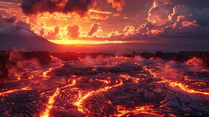 Foto auf Acrylglas Antireflex Fissure opening in a volcanic landscape dusk wide shot molten glow © Pornarun