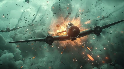 cloudy WWII skies, flak explosions ignite the dogfight, creating a scene of high contrast drama from an action angle. - obrazy, fototapety, plakaty