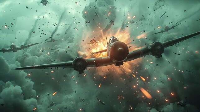 cloudy WWII skies, flak explosions ignite the dogfight, creating a scene of high contrast drama from an action angle.