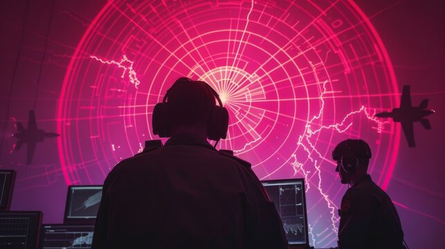 Radar operators monitoring airspace using a sophisticated air defense radar system