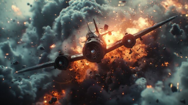 Flak explosions in a WWII dogfight cloudy sky action angle high contrast drama