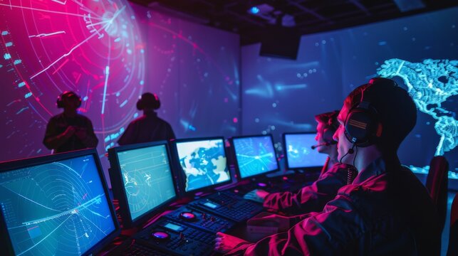 Radar operators monitoring airspace using a sophisticated air defense radar system