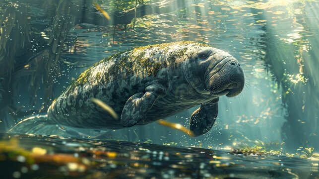 Grace in motion the manatee glides through waters where squid pierce the veil between Naga legends and the ocelot is jungle mysteries