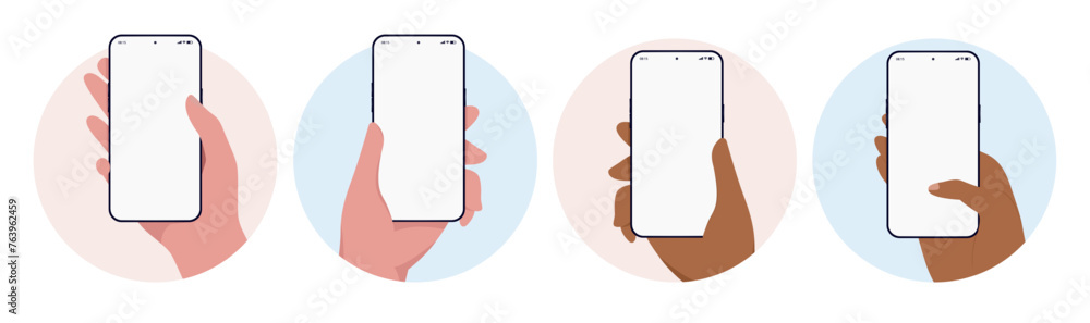 Aufkleber Mobile phone in hand template collection - Vector mockup of phones with white empty screen being held in diverse human hands on various background colours. Front view flat design illustrations