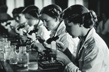 Women scientists using microscopes in a vintage photo