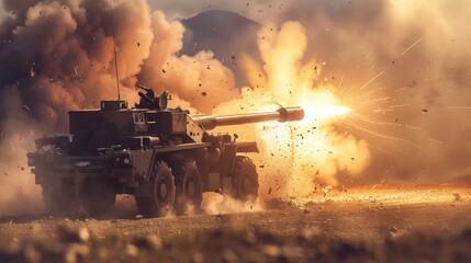 Modern artillery gun in action, firing projectiles with precision. The image captures the power and destructive capability of artillery systems - obrazy, fototapety, plakaty