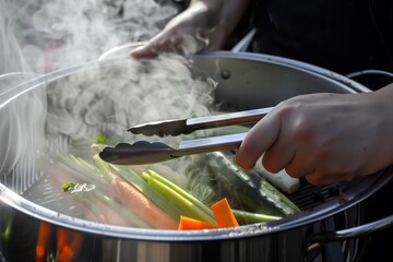 person using tongs to select vegetables from a steaming pot