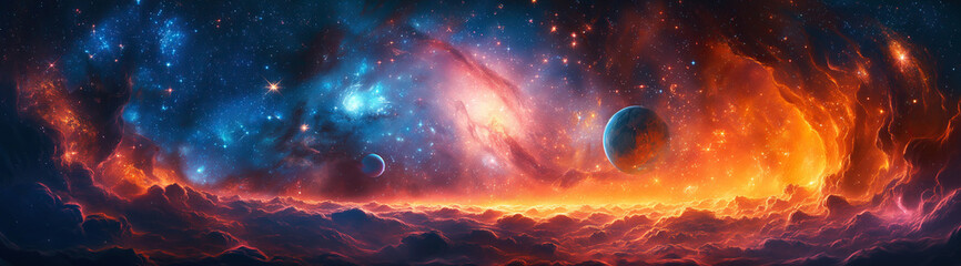 panorama of fantastic multicolored outer space with star, constellations, galaxies, planets