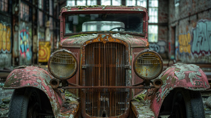 Fototapeta premium An old rusty car in a derelict warehouse.